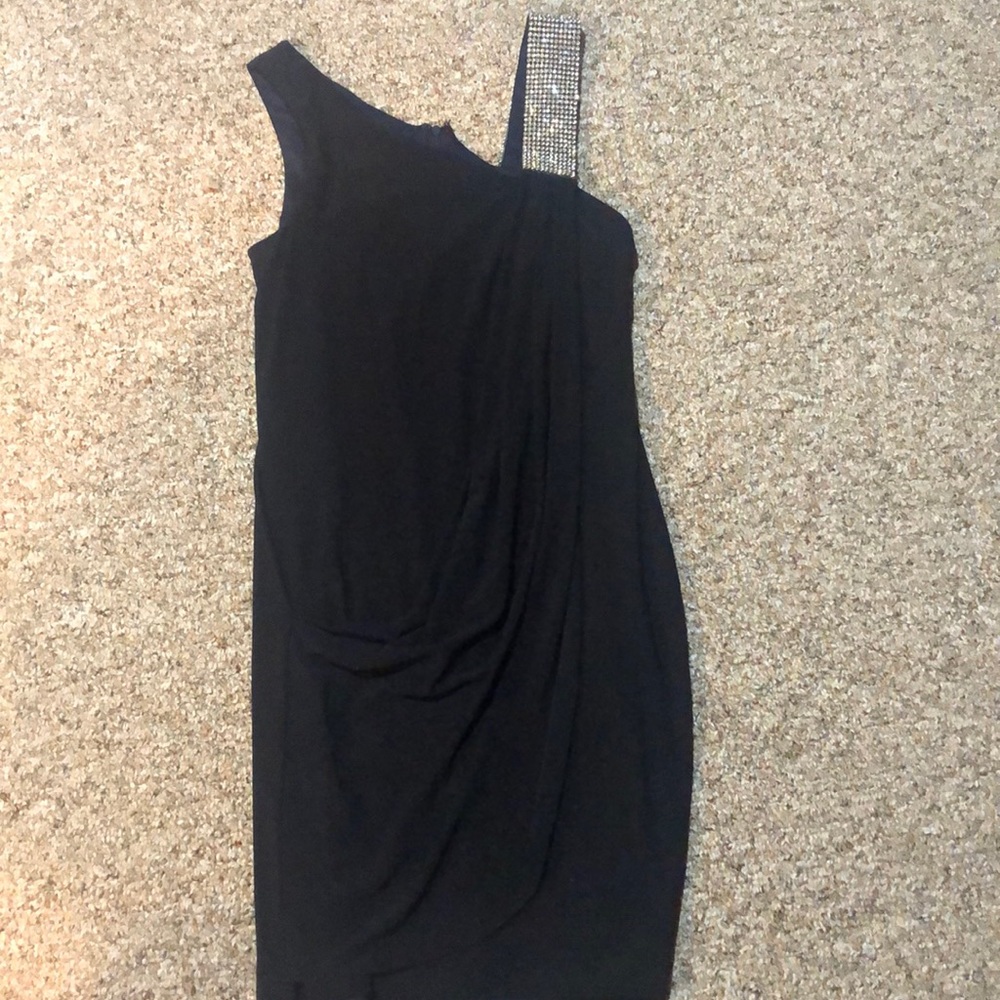 Navy party dress , one shoulder , rhinestone trim